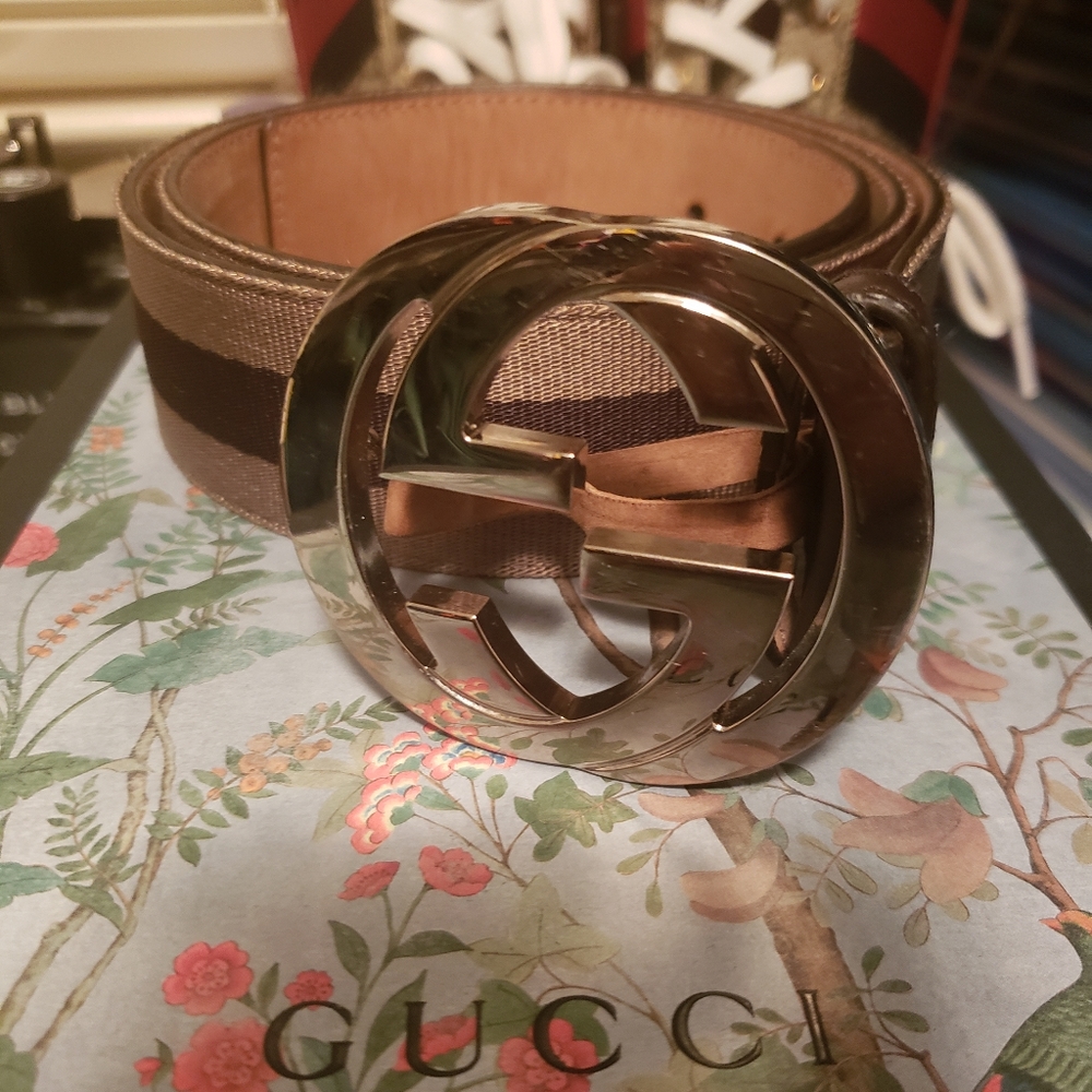 Tan and Burgundy striped Gucci Belt